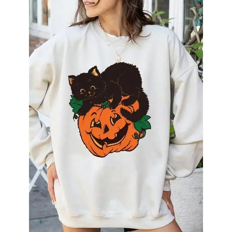 Vintage Black Cat Pumpkin Sweatshirt, Retro Halloween Crewneck, Spooky Fall Vibes Pullover, Cozy Autumn Sweater
