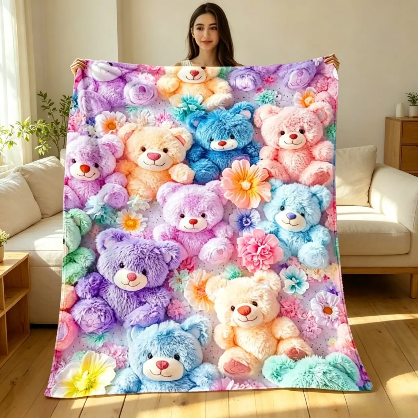 Cozy Retro Teddy Bear Print Flannel Blanket, Soft Plush Throw Blanket for Couch Sofa Bed, Lightweight Portable Travel Camping Blanket, All-Season Cozy Home Decor, Machine Washable Gift Blanket for Kids Teens Adults