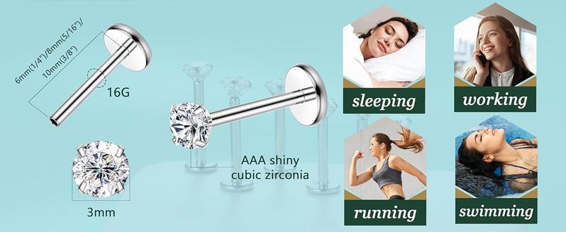 MILACOLATO 316L 2-6pcs Stainless Steel 16G 3mm CZ Inlaid Lip Rings Labret Monroe Nose Studs Helix Earring Piercing, 6mm 8mm 10mm Bar Length Available