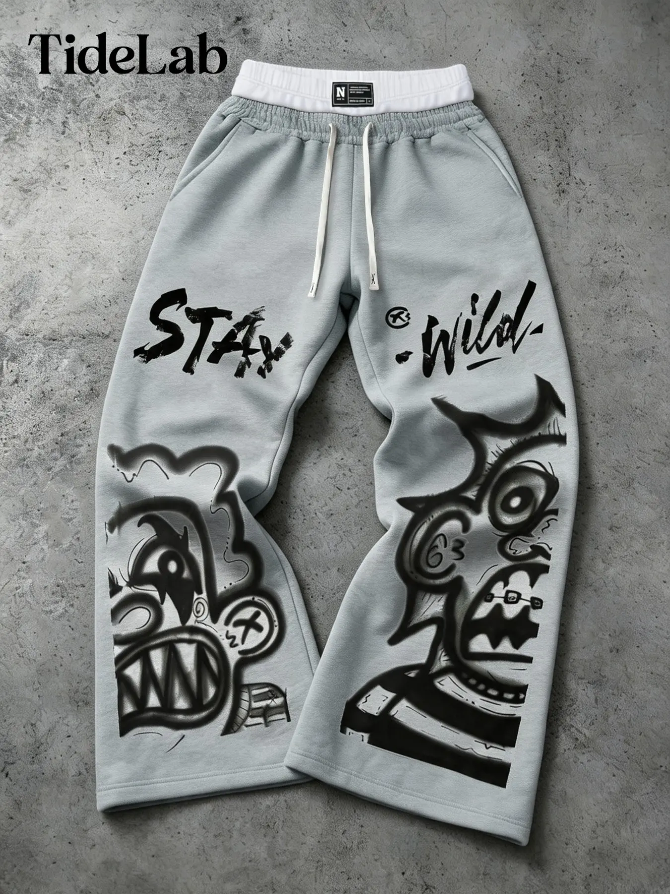 Unisex High Street Style Monster Letter Print Pants, Elastic Drawstring Waist, Flowy Wide Leg, Trendy Casual Long Pants, Cool Pants