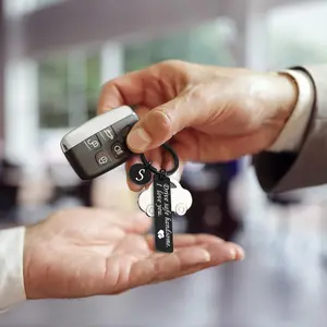 Stainless Steel Drive Safe Keychain with Initial Letter Charm – Custom A-Z Round Pendant, Black or White Accent, Lightweight Key Ring, Sentimental Gift for Boyfriend, Valentine's & Birthday