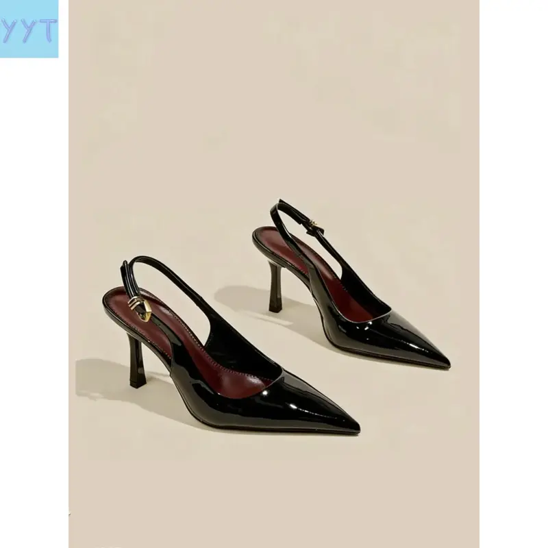 YYT1 2026 Women's Burgundy Patent Leather Pointed Toe Slingback Stiletto Heel Pumps, Vintage Chic Style, Comfy Commuter & Evening Shoes, Elegant Minimalist Sandals