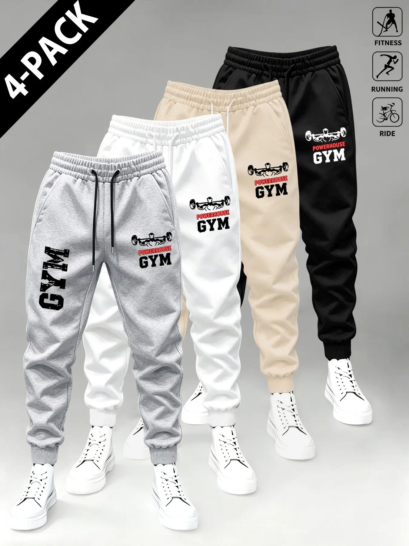 Men's 4-Piece Spring & Fall Gym Pants Set, Barbell Print Fitted Athletic Long Pants, Casual Running Cycling Leisure Wear