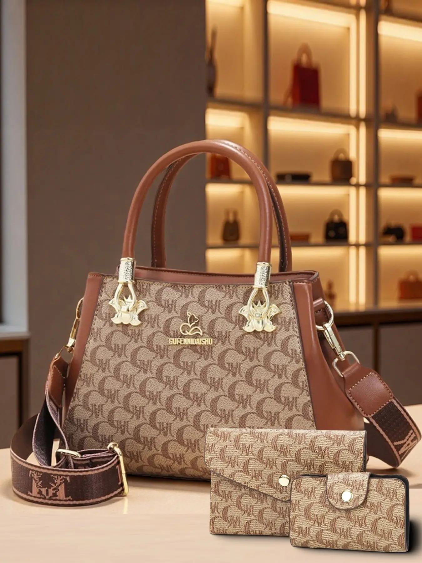 Vintage Letter Print Messenger Bag for Women, Brown Plaid PU Leather Patchwork, Gold Color Hardware, Casual All-Season Fashion Accessory