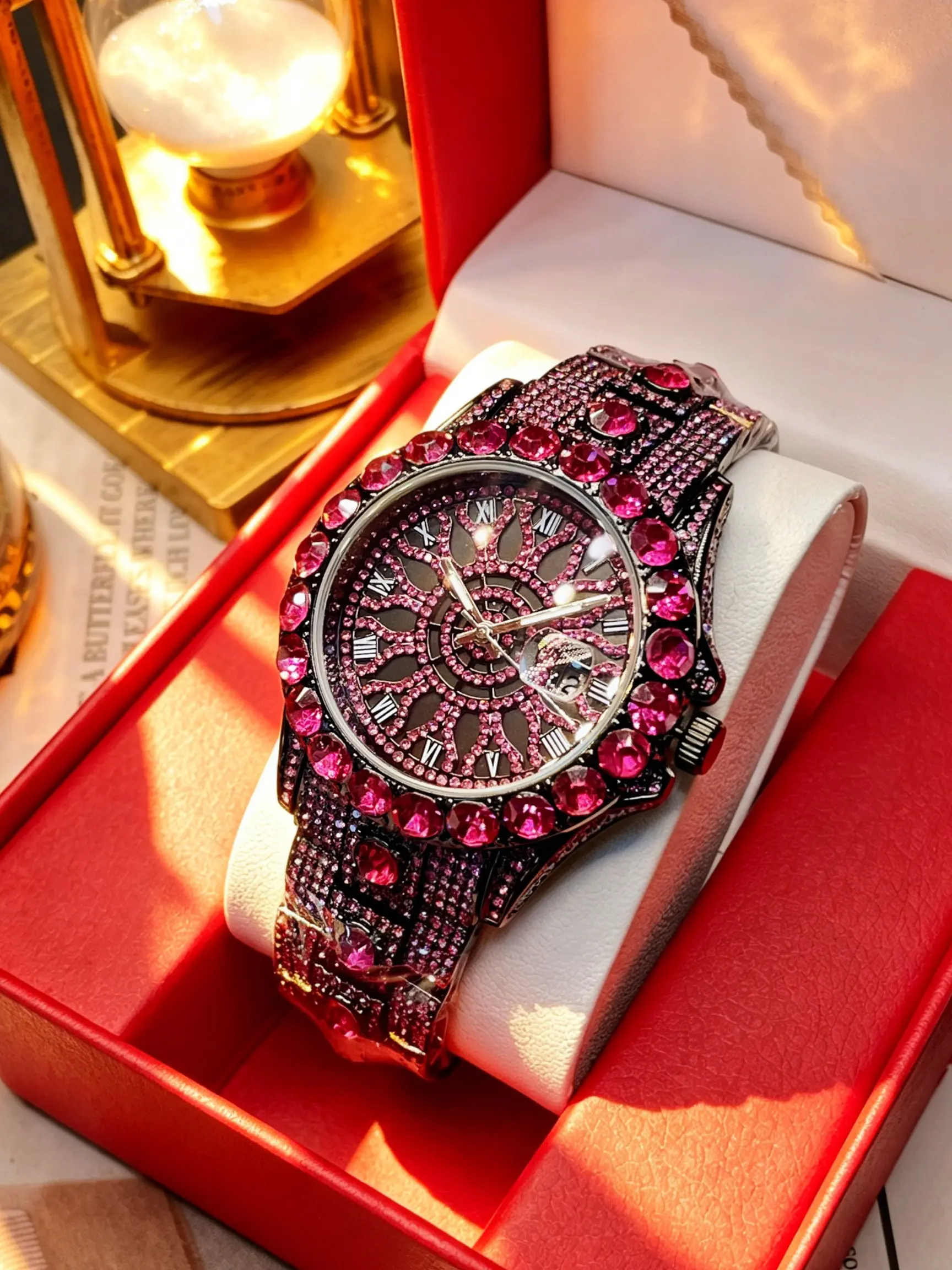 Luxury Women's Watch, Diamond Dial, Roman Numerals, Large Zircon, Rhinestone Strap, Calendar Window, Stainless Steel Case, Waterproof, Quartz Analog Watch, Rhinestone Quartz Wristwatch