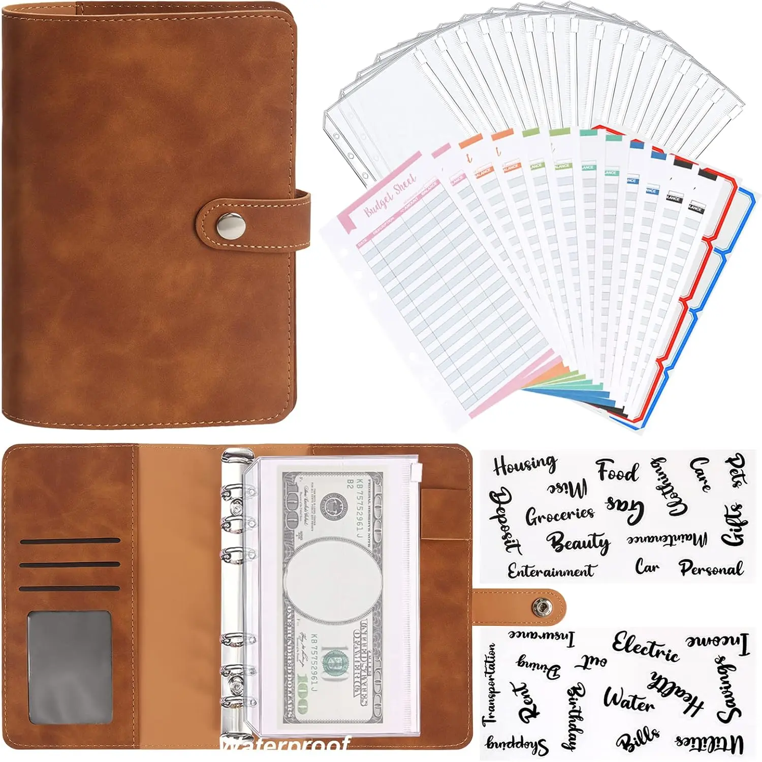 A6 Budget Binder, Soft PU Leather Notebook Binder Planner Cover with 16 Pockets  Envelopes, 12 Expense Sheets, 4 Shts Letter Sticker Labels for Bill (Brown), ZS23-25