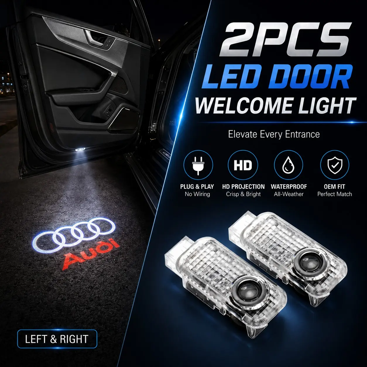 🚘✨ 2pcs Car Door Welcome Lights | HD LED Logo Projection Decorative Lights | Compatible with Audi A1 A3 A4 A4L A5 A6 A6L A7 A8 Q3 Q5 Q5L Q7 Q8 TT R8 E-TRON | Plug & Play | 6500K Bright White | Error Free
