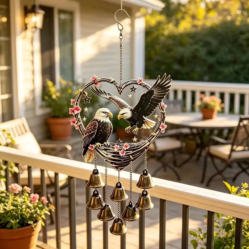 Vintage Eagle Pattern Wind Chime with Bell, Handmade Metal Garden Decor, Durable Iron Hanging Ornament, Romantic Gift for Valentine's Day