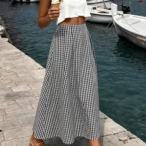 High Waist Pleated A-Line Hem Plaid Skirt, Elegant Chic Loose-Fit Women's Skirt for All Seasons, Checkered Skirt