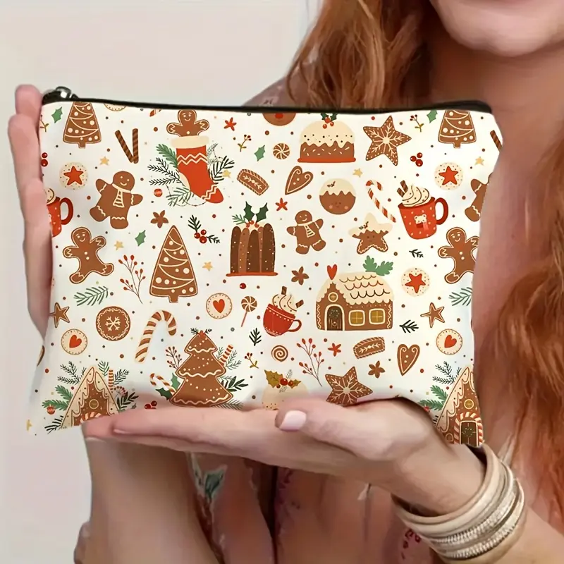 Christmas Gingerbread Man and Cookie Cosmetic Bag - Baking Themed Design Holiday Cosmetic Bag, Large Capacity Travel Storage Bag, Personal Daily Shopping Bag, Christmas Candy Men's Christmas Element Gifts, Friends Gifts, Holiday Gifts, Christmas Gifts