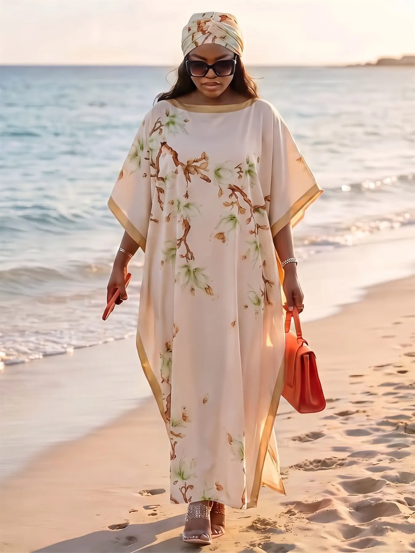 Women Luxury Satin Magnolia Floral Two Piece Abaya Set, Loose Oversized Long Robe, Coordinating Headscarf, Sun Protection Modest Beach Dress