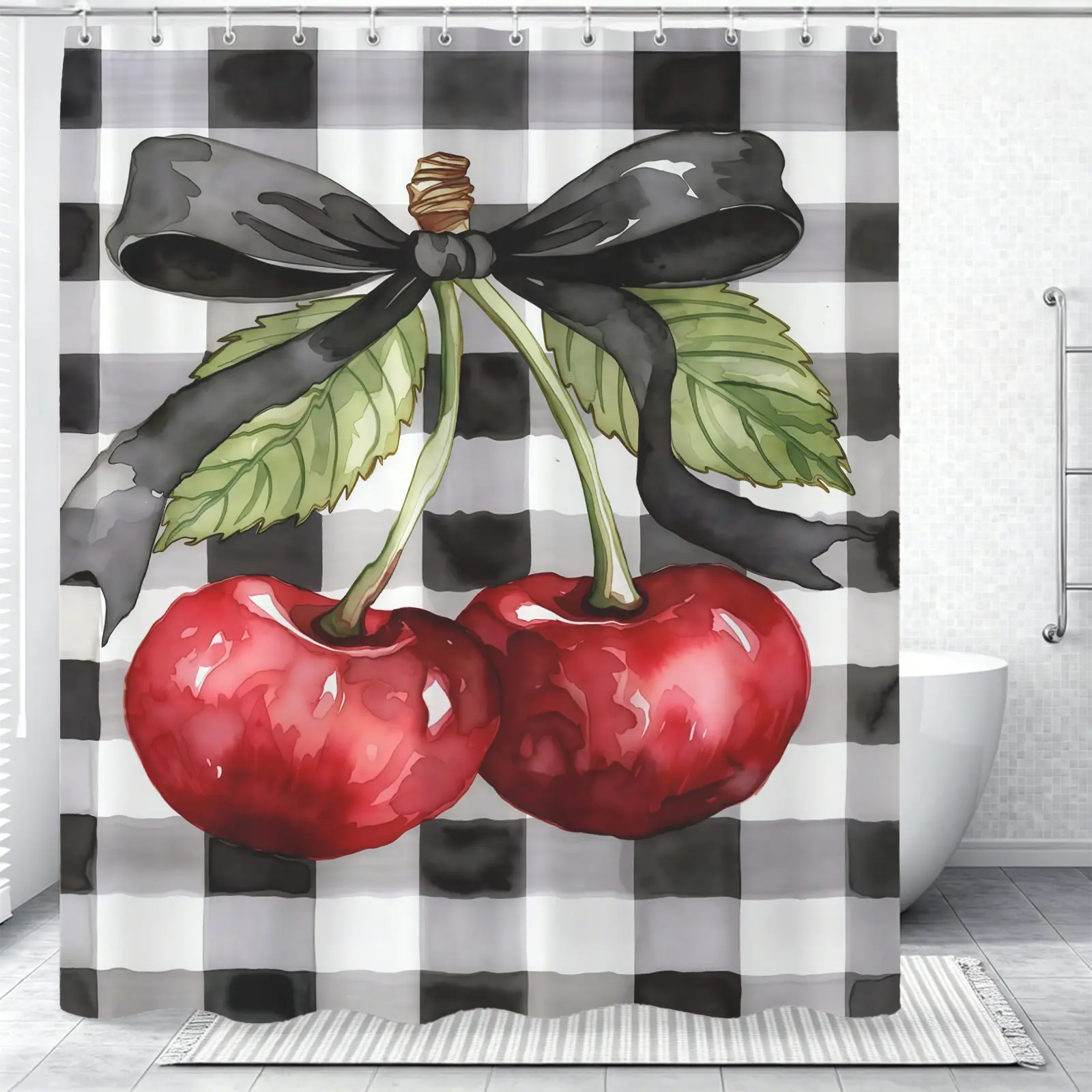 Cherry print pattern shower curtain (with hook), a good home decoration and practical item for home use