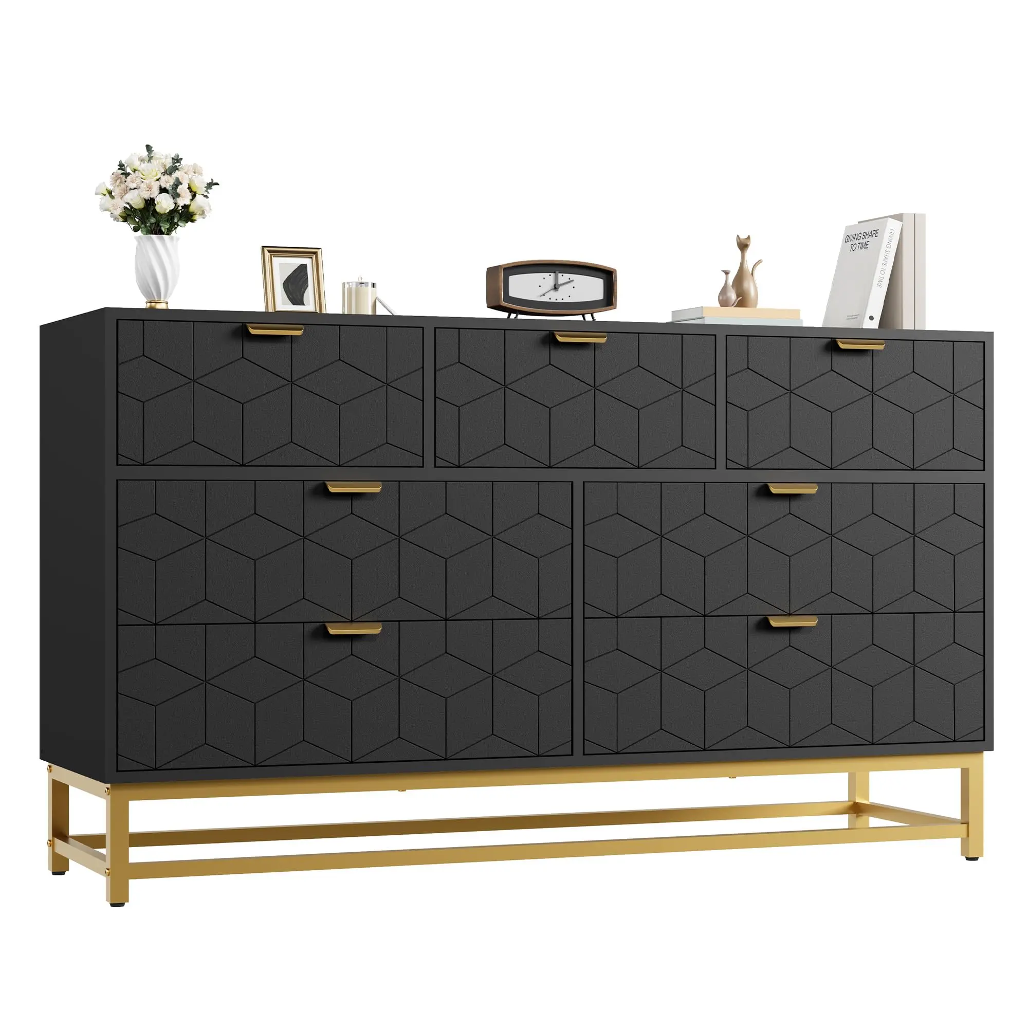 White 53.5" Wide Dresser for Bedroom, Modern 7 Drawer Triple Dresser with Gold Accents, Long Storage Organizer for TV Stand & Closet, Large Chest of Drawers