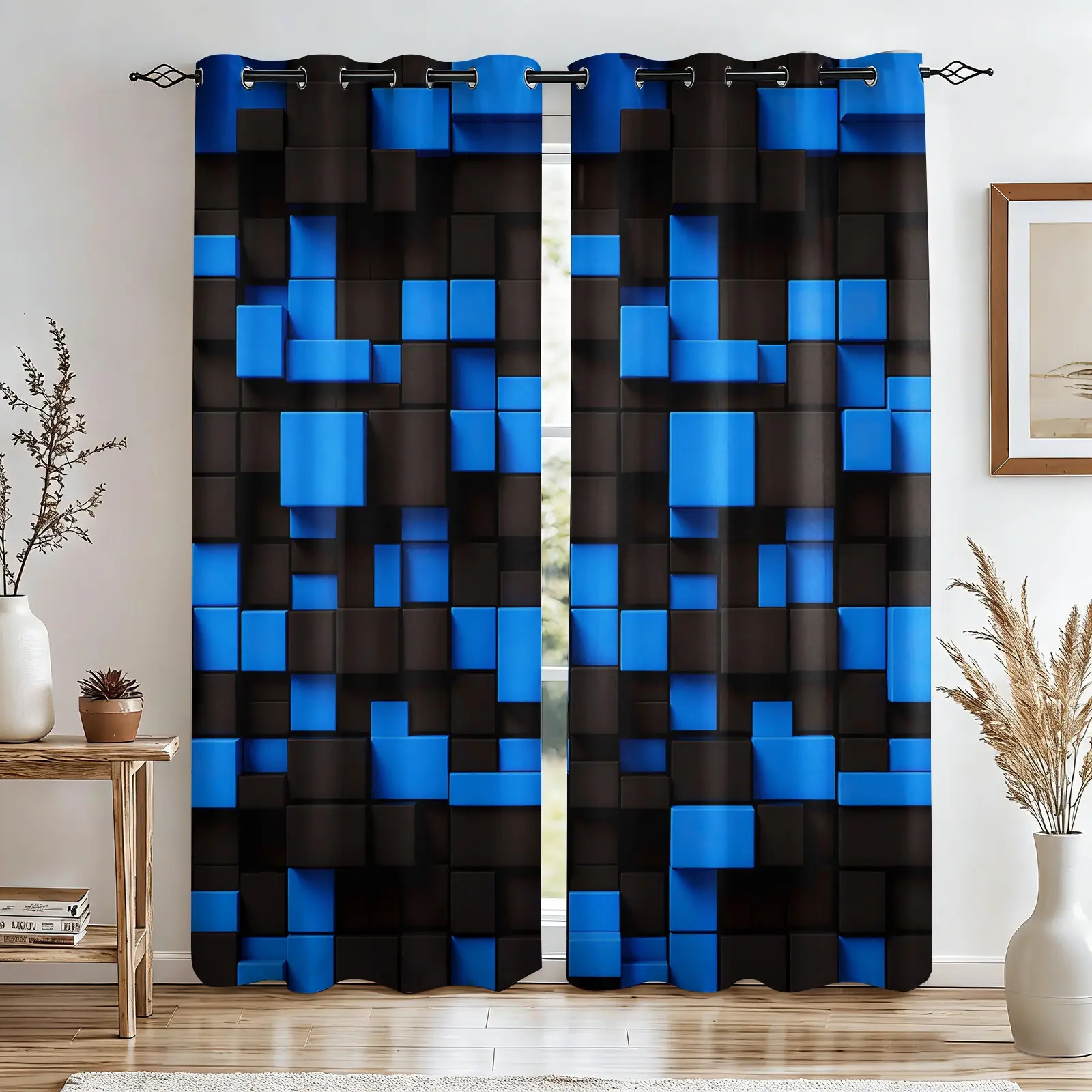 2 Panels Black Blue 3D Stereo Cube Blackout Curtains, Abstract Geometric Square Print Grommet Window Drapes, Machine Washable Light Blocking Curtains for Immersive Sleep, Gaming Room Boys Bedroom Industrial Decor