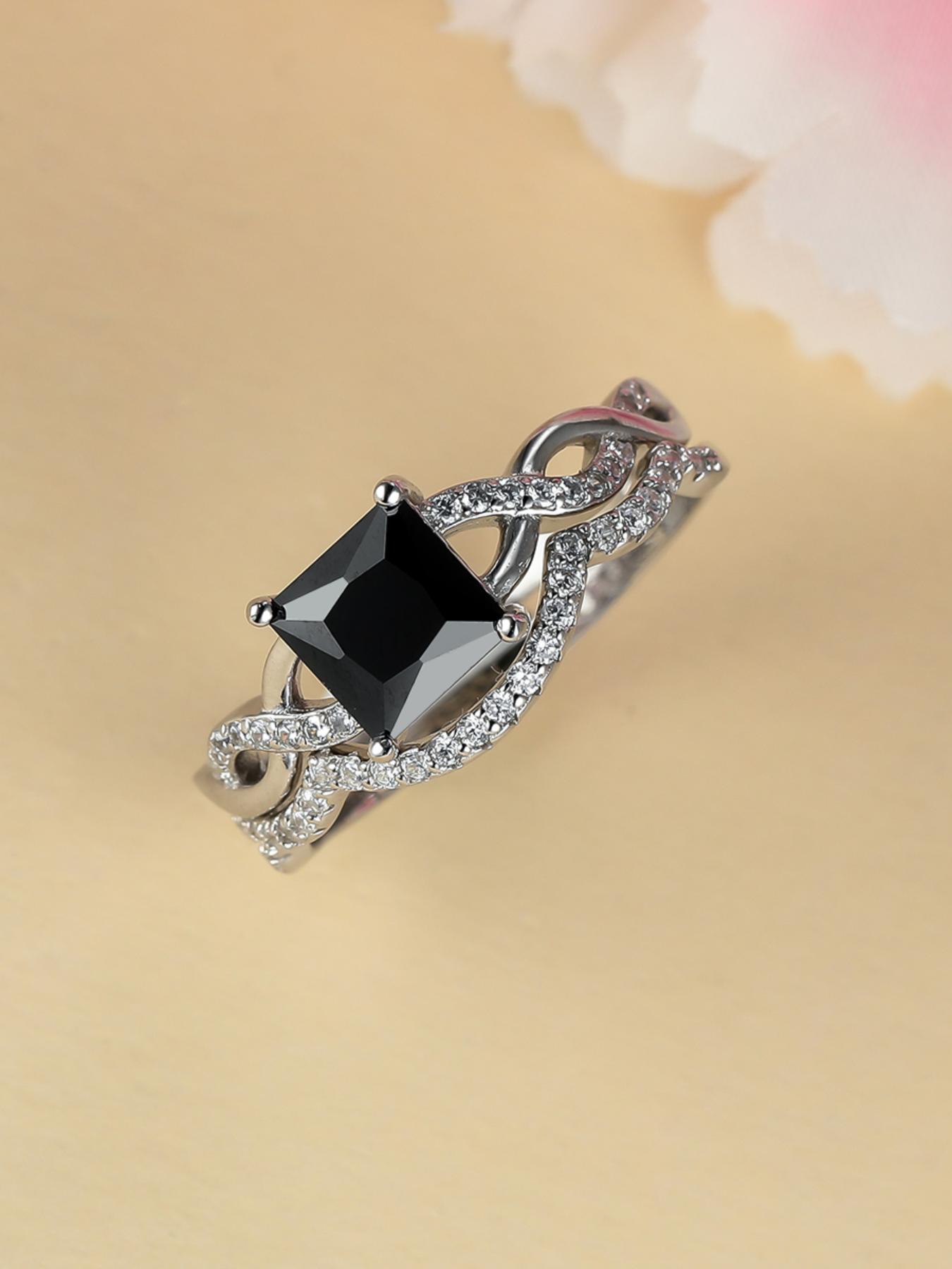 S925 Sterling Silver Square Shaped Artificial Zircon Decorated Ring Set, 2 Counts Stackable Rings for Women, Elegant Jewelry for Party, Daily Decor, Exquisite Jewelry for Birthday Gift, Statement Rings