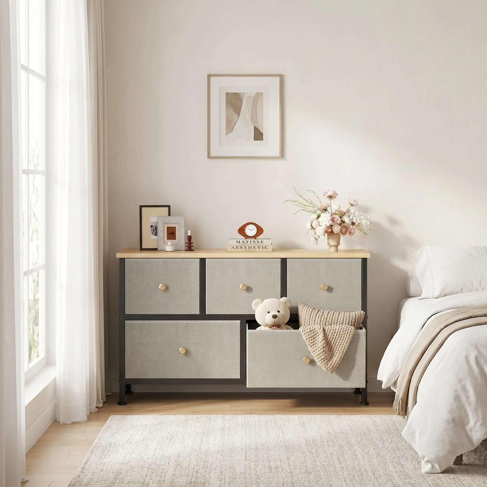 5-Drawer Wide Fabric Chest of Drawers Dresser with Frame & Panelboard - Freestanding Storage Organizer Suitable for Bedroom, Closet, Dorm, Living Room, Compact Space-Saving Cabinet with Assembly, Low Profile