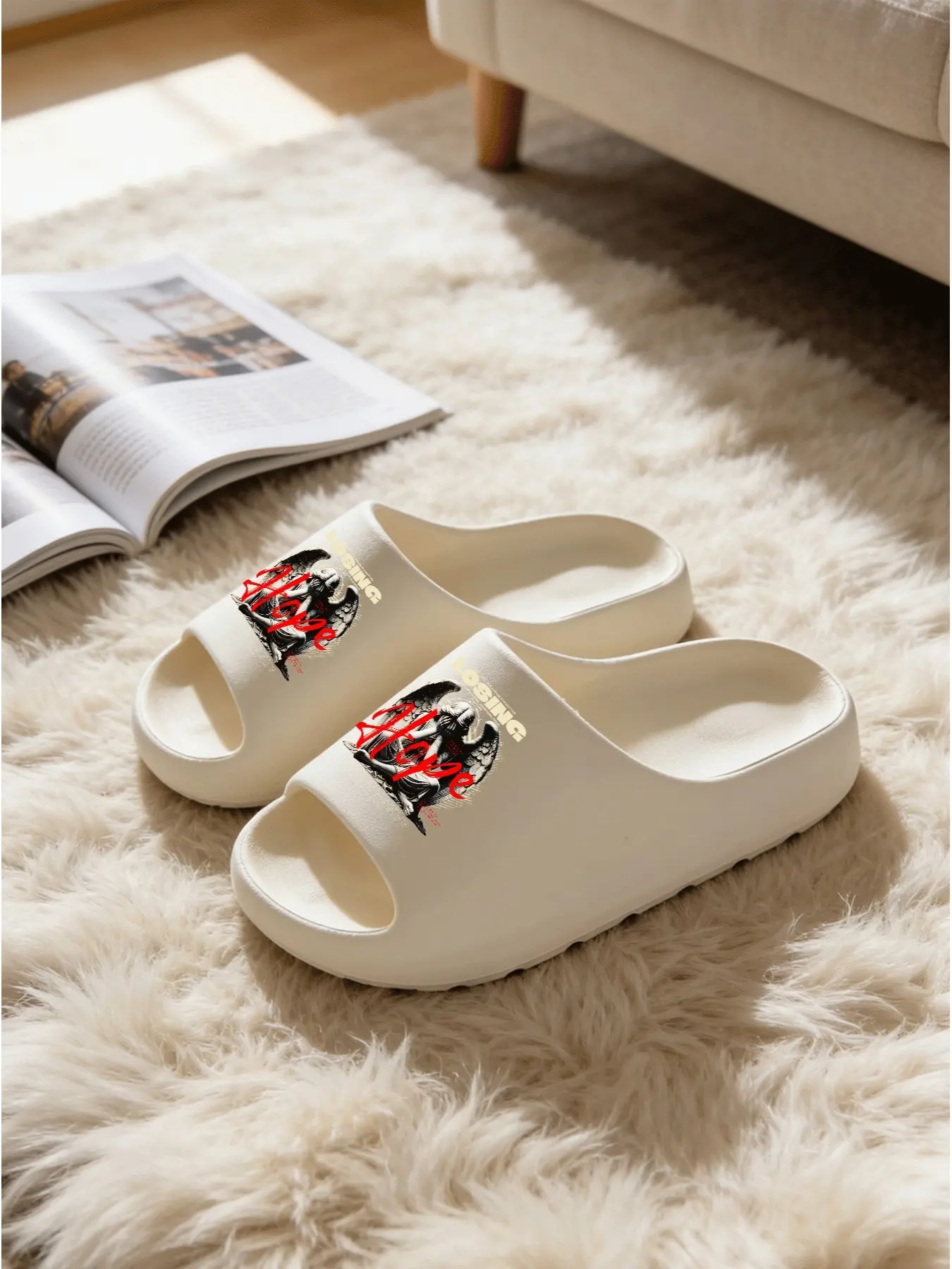 Losing Hope Angel Print Cloud Sandals, American Street Style Thick Sole, Unisex Non-Slip Waterproof, Casual All-Season Footwear Slipper