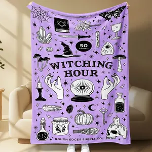1PC Witching Hour Purple Throw Blanket, Witch Aesthetic Gothic Flannel Blanket, Crystal Ball Mushroom Potion Print Throw for Sofa Couch Bed, Halloween Decor, Fall Home Decor, Camping Travel Blanket, Christmas Gift