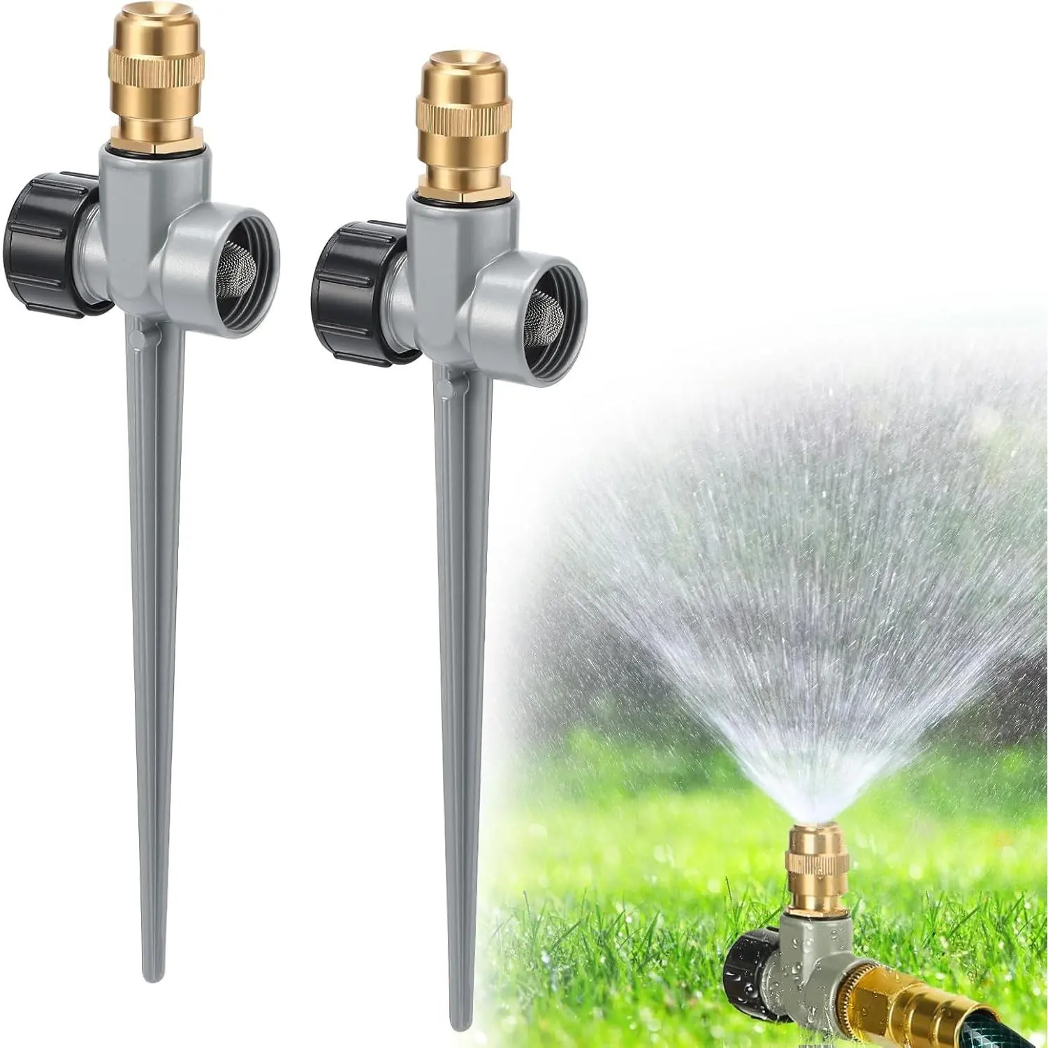 2 Pack Metal Lawn Sprinklers for Yard - 360° Coverage Water Sprinklers, Adjustable Brass Nozzle with Aluminum Alloy Spike Base for Small Garden Irrigation
