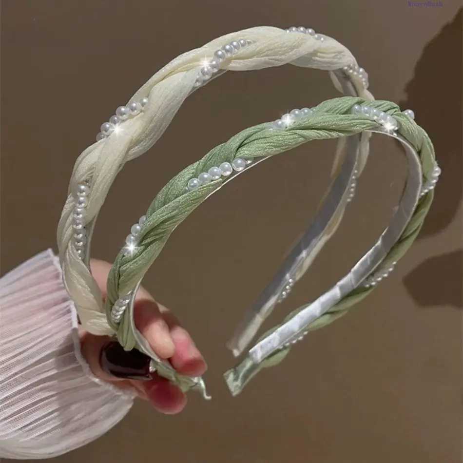 2Pcs Fresh Green Pearl Twisted Padded High Cranium Headbands for Women, Premium Temperament Boost Hair Pressing Hair Band, Elegant Volumizing Fashion Headgear Hair Accessories Set
