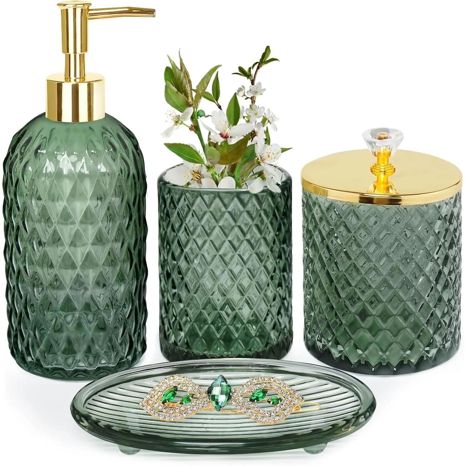 Bathroom Accessories Set, 4Pcs Sage Green Glass Bathroom Set Complete w/Bathroom Soap Dispenser Set, Toothbrush Holder, Qtip Holder, Soap Dish, Green Bathroom Decor, Gift for Home Apartment