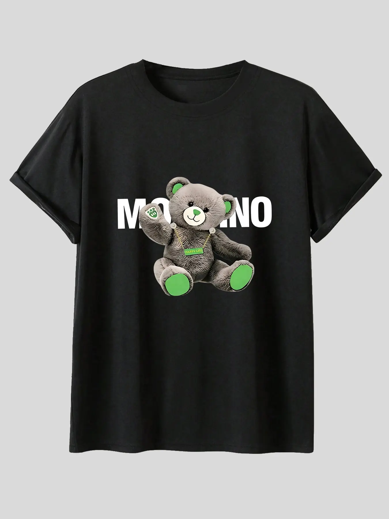 Cute Bear Waving Doll Chain Accessory Unisex Streetwear Round Neck Half Sleeve Top, Trendy Fashion Apparel for Men and Women
