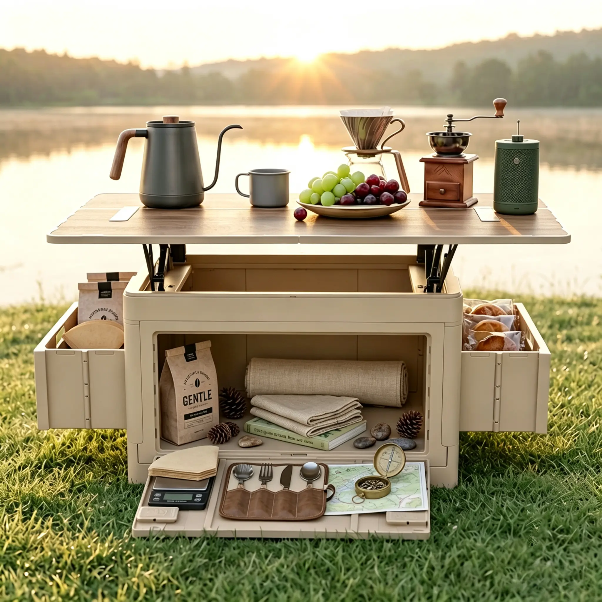 Large Rectangle High-Strength Thick Plastic Adjustable Folding Camping Storage Box - Liftable Tabletop, Side Drawers, Front Compartment, Multizone Storage, Easy to Wipe, Outdoor Camping Accessory, Portable Home Organizer Bin