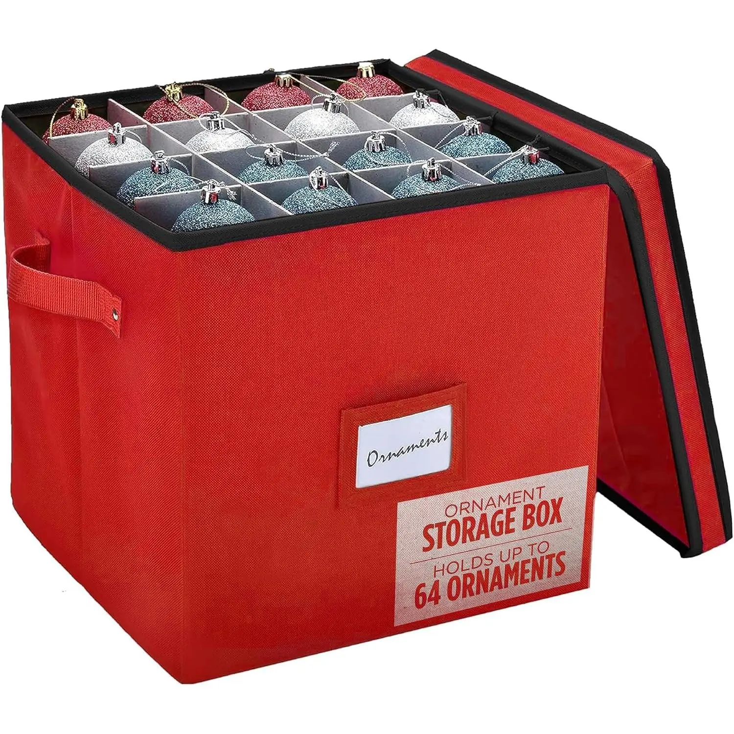 , Christmas Ornament Storage - Stores up to 64 Holiday Ornaments, Adjustable Dividers, Covered Top, Two Handles. Storage Box Keeps Holiday Decorations Clean & Dry for Next . (Red)