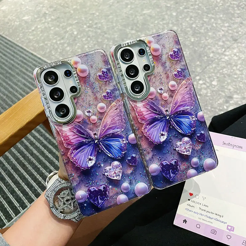 Compatible with S26U/S25/S24/S23 | Fashion Glitter Butterfly Printed Anti-Scratch Phone Protective Case HNZ0030