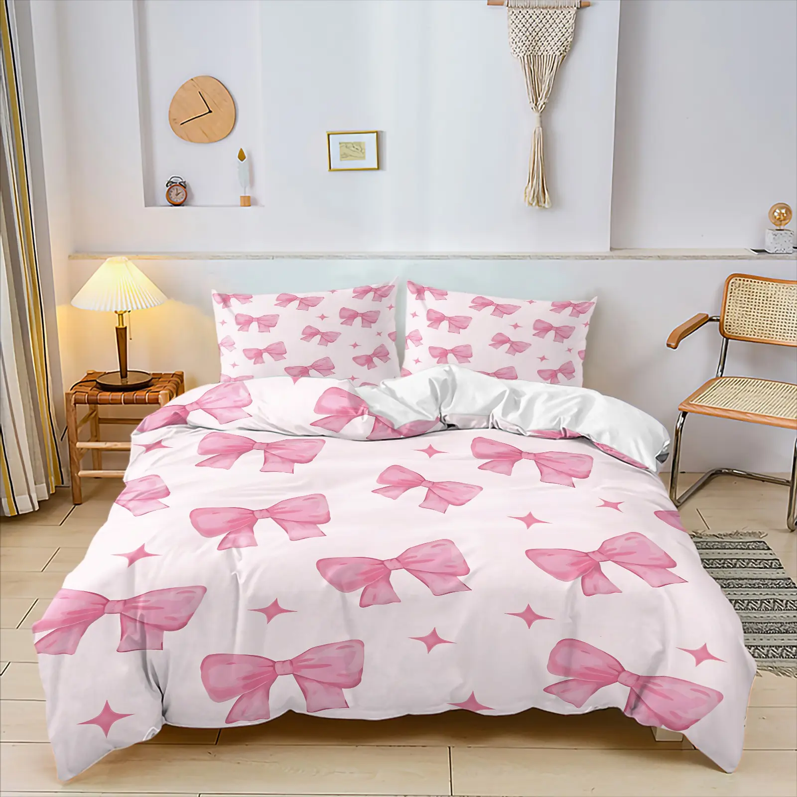 Gradient Pink Bow Duvet Cover Set & 1-2 Coreless Pillowcases, Wrinkle Resistant Skin-Friendly Breathable Fabric, Soft Cozy Bedding Set, Cute Bow Pattern, Perfect For Girls Bedroom, Female Dorm And Elegant Apartment Home Decor