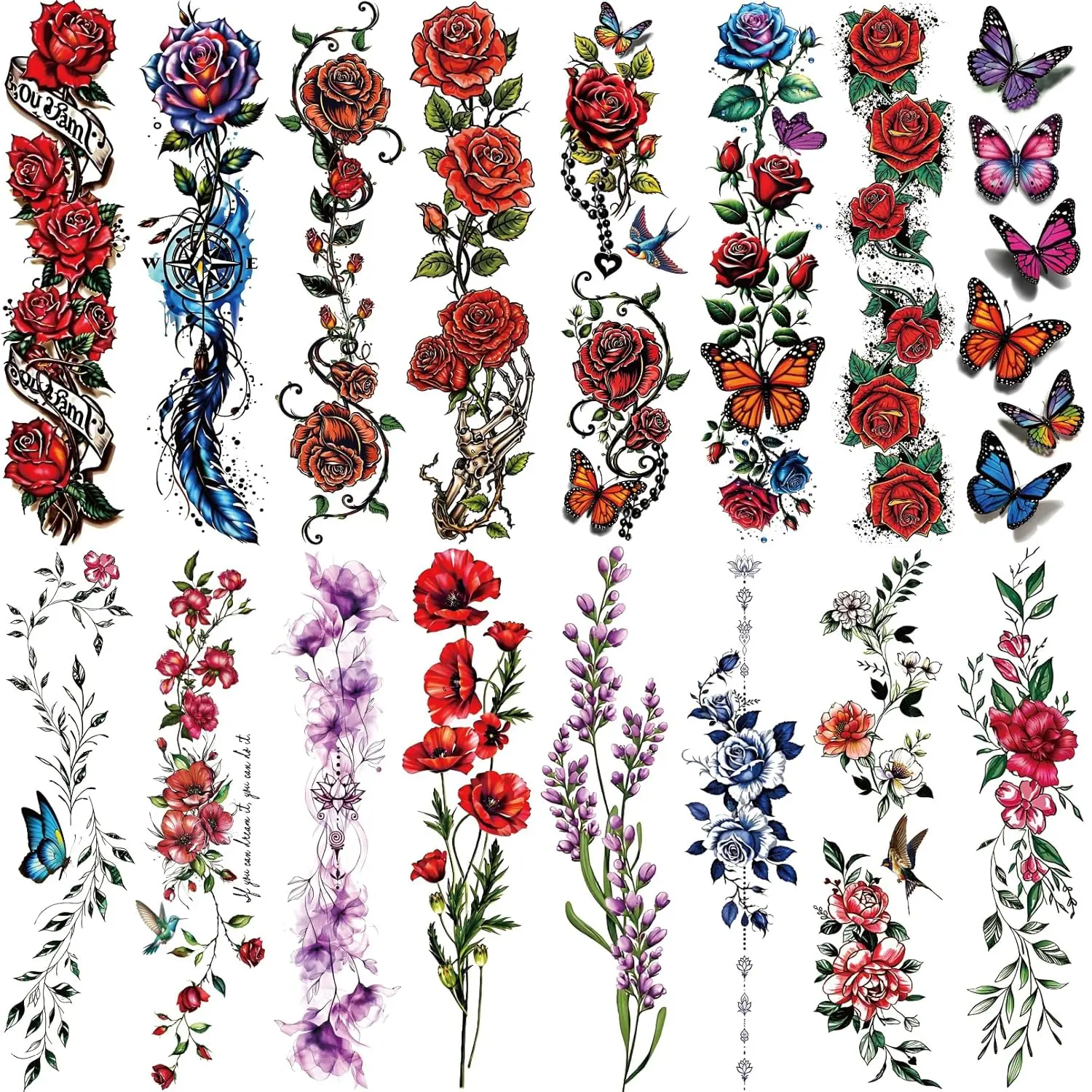 3D Flower Temporary Tattoos for Women -24 Sheets Colourful Flower Roses Realistic Butterfly Tattoo Stickers Watercolor Waterproof Tattoo for Arm Collarbone Leg Backbone Body Art
