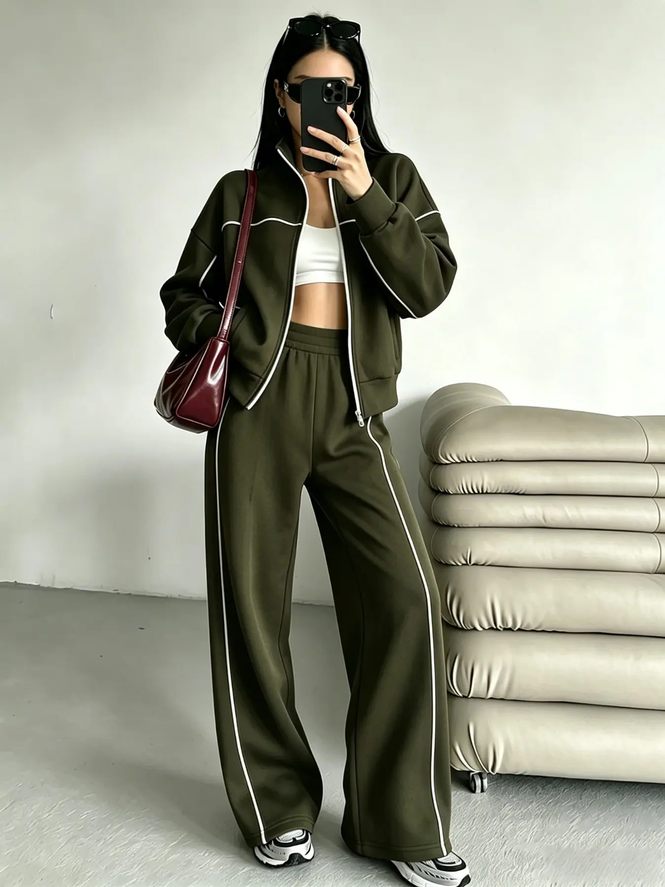 Women's Two-Piece Set, Fall Winter, Long Sleeve Zipper Stand Collar Sweatshirt, Mid-Waist Pants, Casual Office Wear, Multiple Colors Available, Clothes