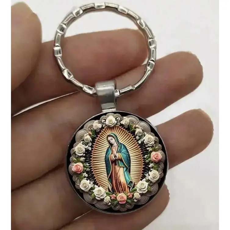 Retro Virgin De Guadalupe Flower Keychains - Circular Pendant Chain-Attached Classic Keychains, Round Double-Ring Resin Fashion Accessory with Unique Floral Design, Stainless Steel Accents for Bags, Car Keys