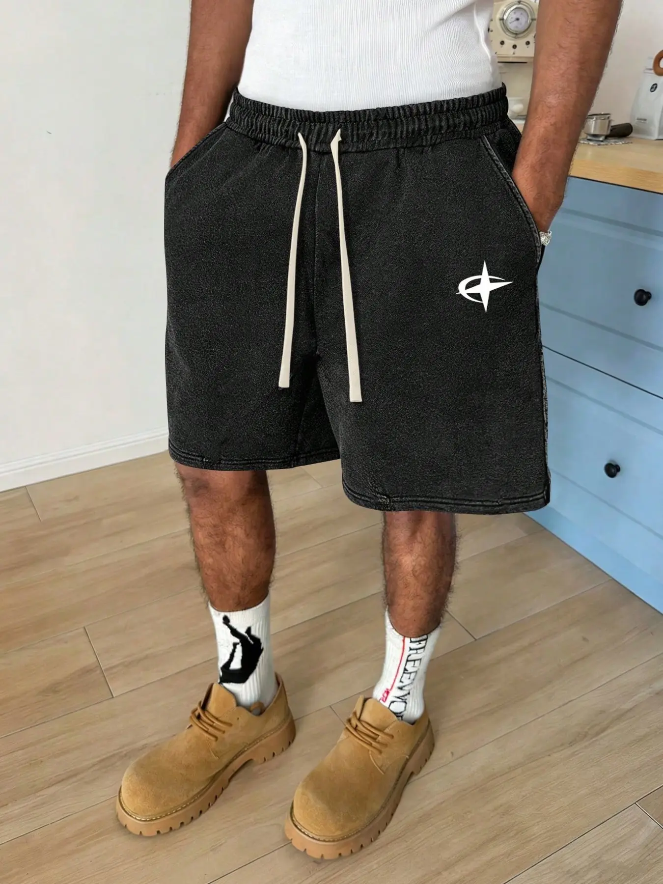 Men's Raw Wash Cotton Shorts, Y2K Star Compass Print, Drawstring Waist, Casual Streetwear, Fitness, Skateboarding, Daily Wear