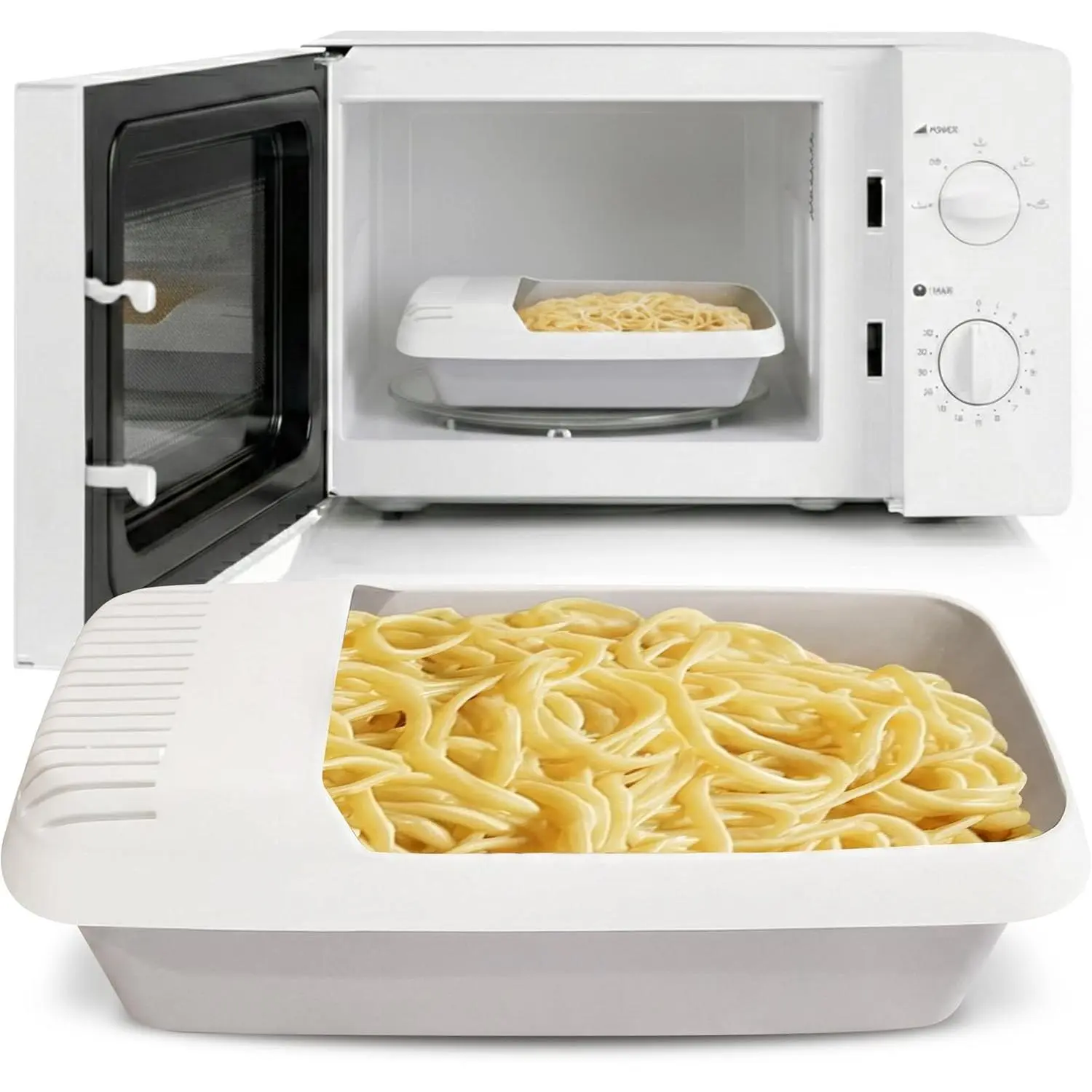 Microwave Pasta Cooker- No Waiting, No Mess, No Stick Microwave Pasta Cooker with Strainer Lid  In As Little As 10 Minutes for up to 4 Servings- Microwave Spaghetti and Noodle Cooker