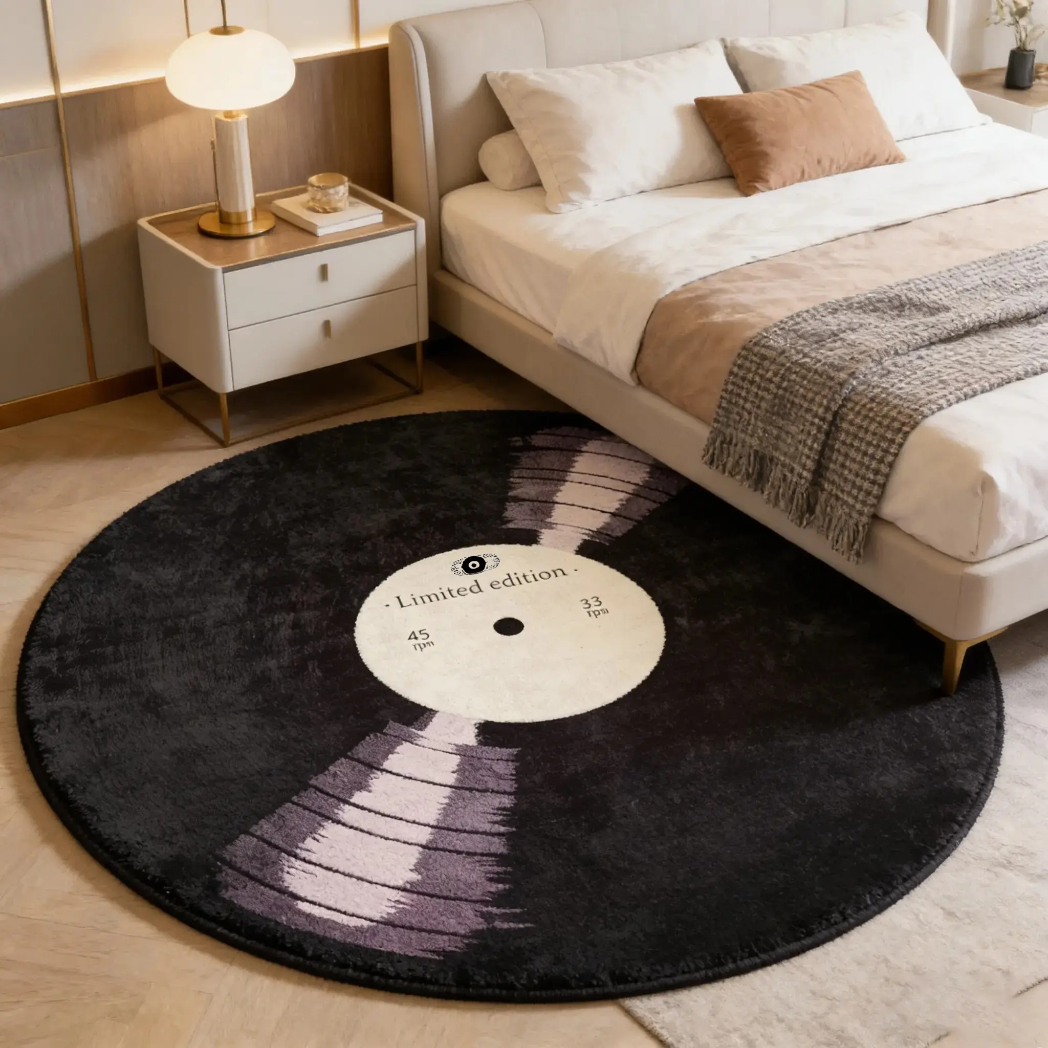 Circular Rug with Music Vinyl Pattern, Soft Non-Shedding Home Decor Carpet, Living Room Sofa Bedside Mat, Multiple Sizes Available