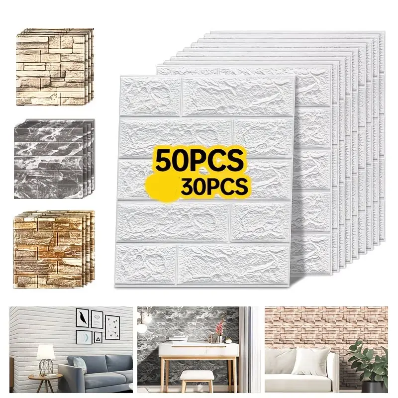30/50pcs Self-Adhesive 3D Brick Pattern Wall Stickers, Foam Brick Wallpaper, Easy Peel & Stick, Modern Irregular Foam Design, Durable Surface, Home Decoration