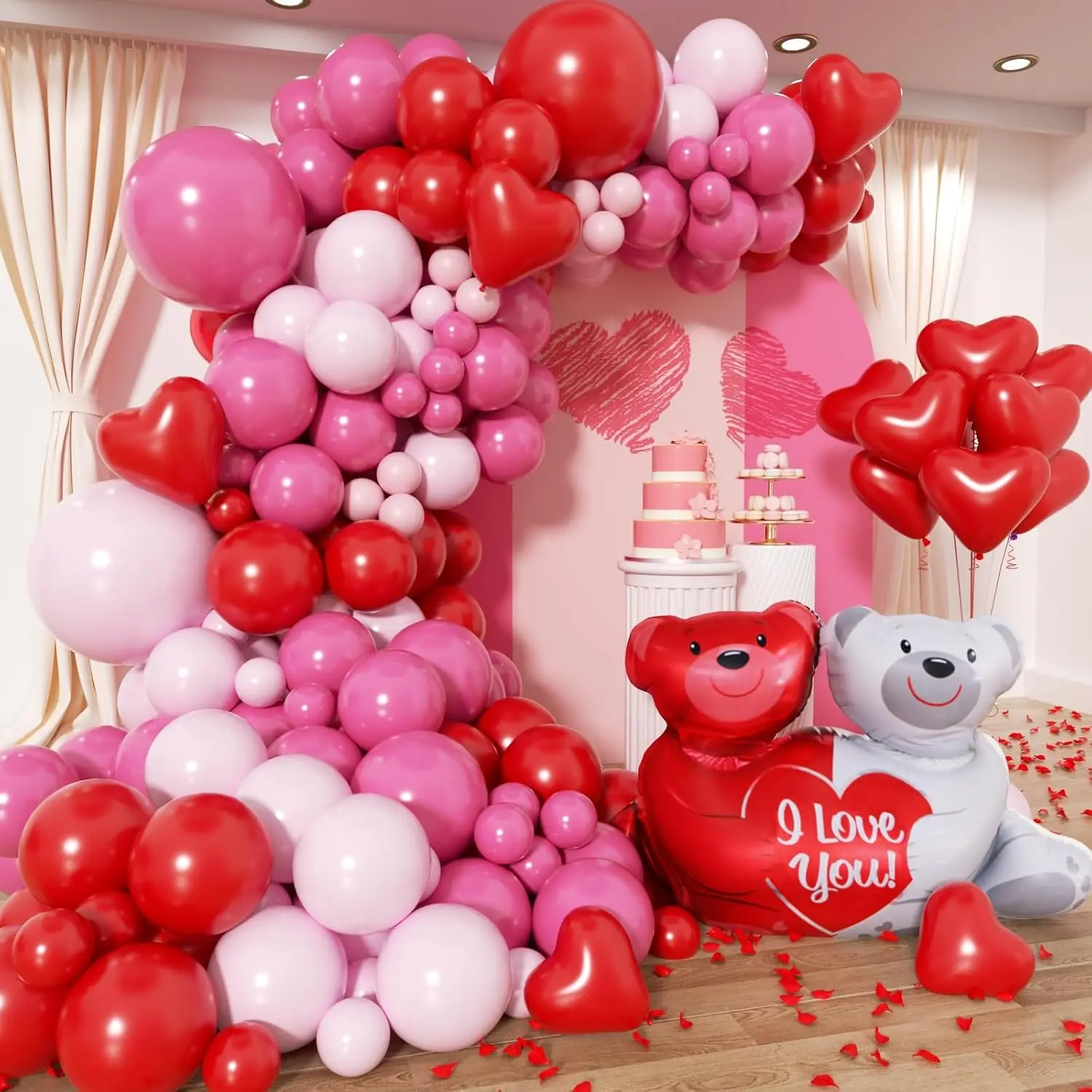 Valentine's Day Balloon Arch Kit -345Pcs Rose Petals Valentines Foil Balloon Heart Red  Hot  Latex Balloons Garland Kit for Valentines Day Galentines Day Anniversary Party Decorations