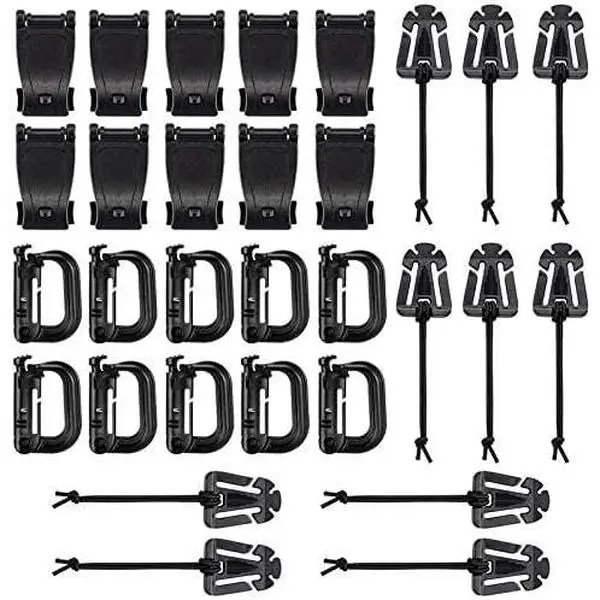 36-Count Tactical Gear Attachments Kit for Tactical Vest Belt, MOLLE Bag - D-Ring Grimlock Locking Gear Clip, Web Dominator Elastic Strings, Strap Management Buckle, Hydration Tube Clips, Key Ring for Camping, Custom Position, Durability, Hiking, Unisex,