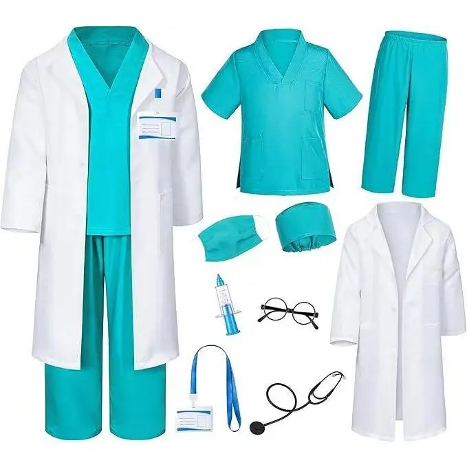 9pcs Boys Doctor Role Play Costume Set Children Pretend Play Outfit with Top Pants Hat Mask Name Badge Stethoscope for Stage Dress Up