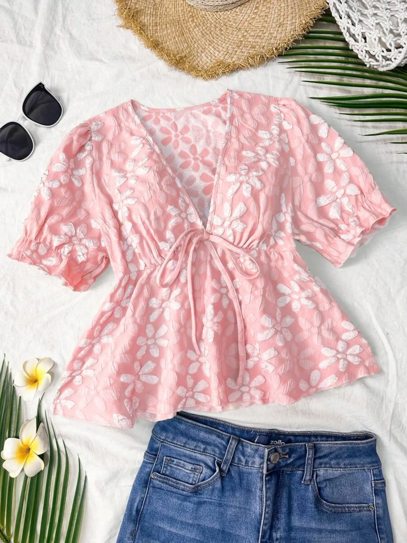 1 Piece Blouse 3D Floral Jacquard Deep V-Neck Puff Short Sleeve Self-Tie Waist Ruffled Cuffs Ruffled Hem Daily Vacation Casual Feminine Women's Breathable Adjustable Waist Sweet Bohemian Style Casual Daily Tops