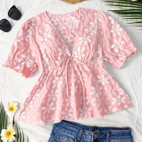 1 Piece Women V Neck Front Tie Puff Short Sleeve Floral Embossed Peplum Blouse Casual Vacation Top Floral Peplum Tops No Necklace