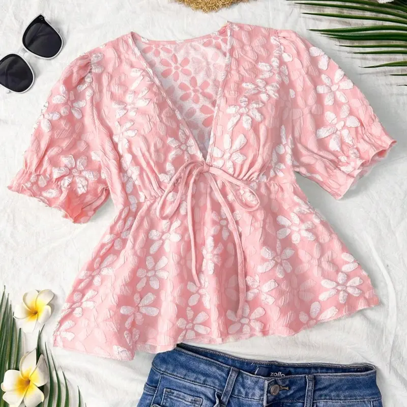 1 Piece Women V Neck Front Tie Puff Short Sleeve Floral Embossed Peplum Blouse Casual Vacation Top Floral Peplum Tops No Necklace