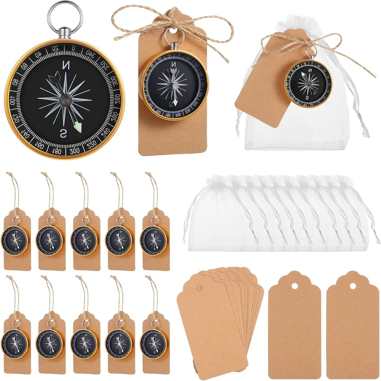 60 Pcs Mini Compass Keychains Bulk with Kraft Tags & Organza Bags, Nautical Wedding Party Favors, Travel Theme Souvenirs for Guests, Metal Set for Birthday Parties, GoldGift