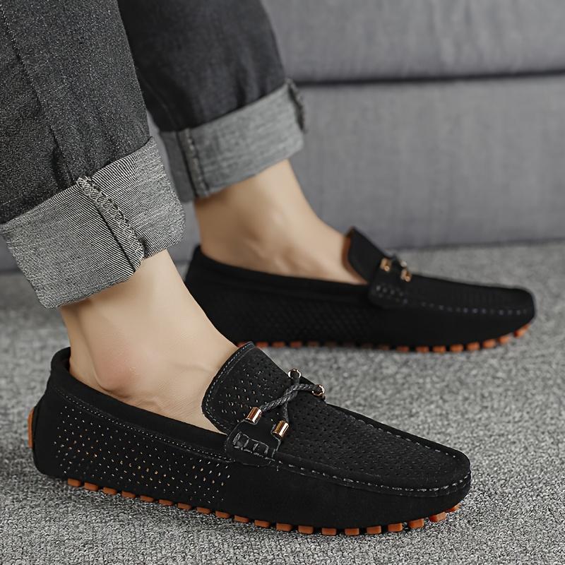 [Navy Blue Loafers] Breathable Men's Navy Blue Slip-On Loafers |         Casual Summer Driving Shoes, Large Size, Contrast Stitching |         Ventilated Comfort, Perforated Design & Brown Accents