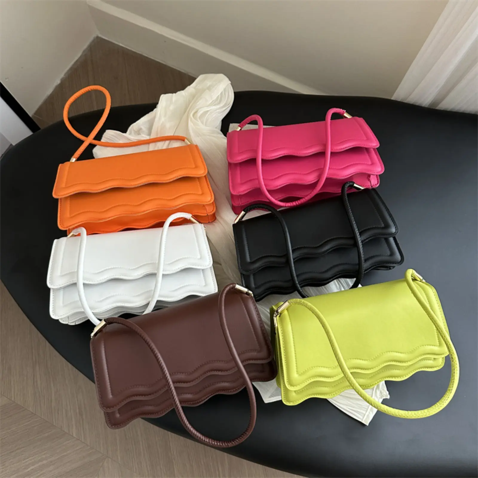 Women Baguette Underarm Bag Wavy Edge Flap Smooth Leather Mini Shoulder Purse Thin Braided Short Handle Wave Design Handheld Bag Elegant Ladies Small Cell Phone Wallet Evening Shoulder Bag Lightweight Portable Fashion Solid Color Wear-resistant Design For