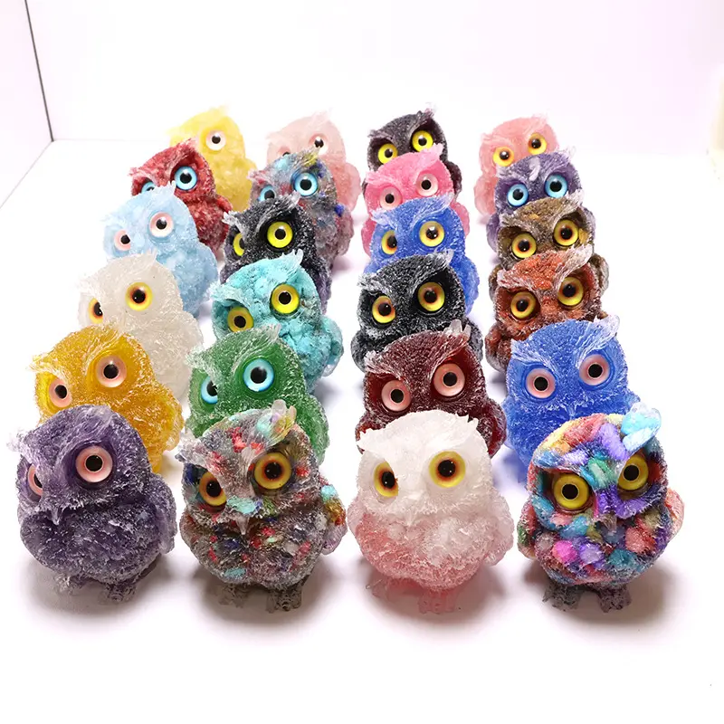 Orgonite Owl Figurine Decor, Cute Animal Resin Statue with Crystal Chips, Healing Energy Quartz Gemstone Desk Ornament, Handmade Art Craft Collectible, Home Office Tabletop Spiritual Gift