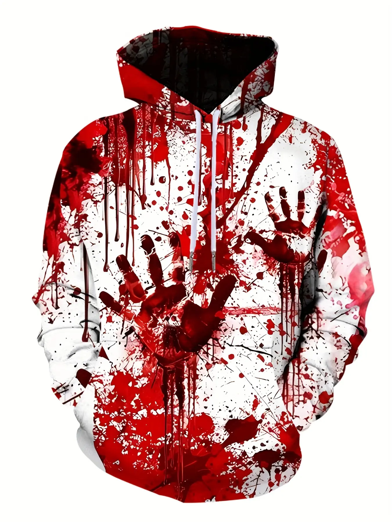 Men's Halloween Blood Handprint Splatter Hoodie, Bloody Drip Palm Print All Over Drawstring Pullover Hooded Sweatshirt Horror Scary Party Cosplay Costume Top, Casual Fitted Hoodie