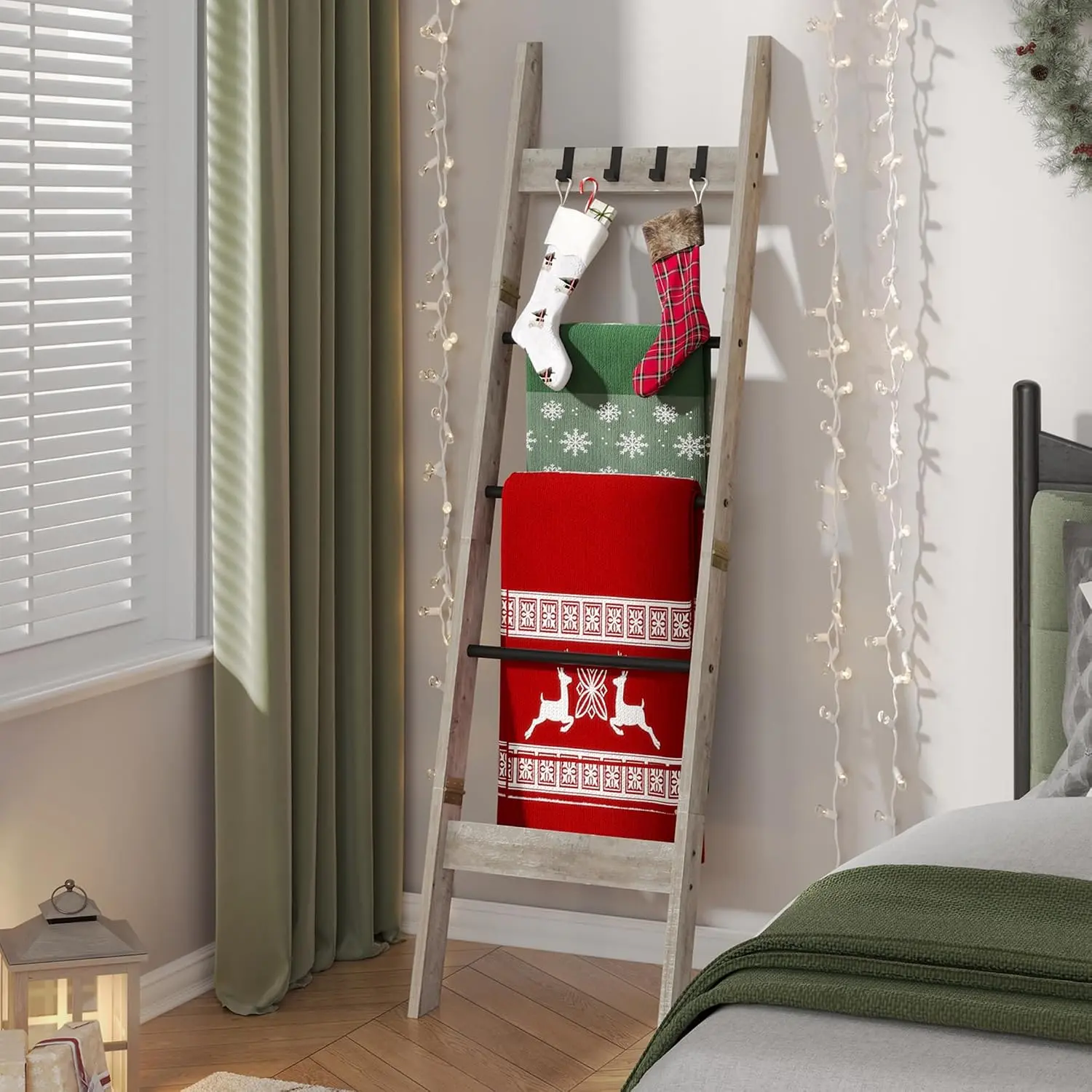 Blanket Ladder for Living Room, Decorative Quilt Rack with 4 Removable Hooks, 5-Tier  Ladder Holder Shelf Organizer for Bedroom, Greige and Black BR02105B