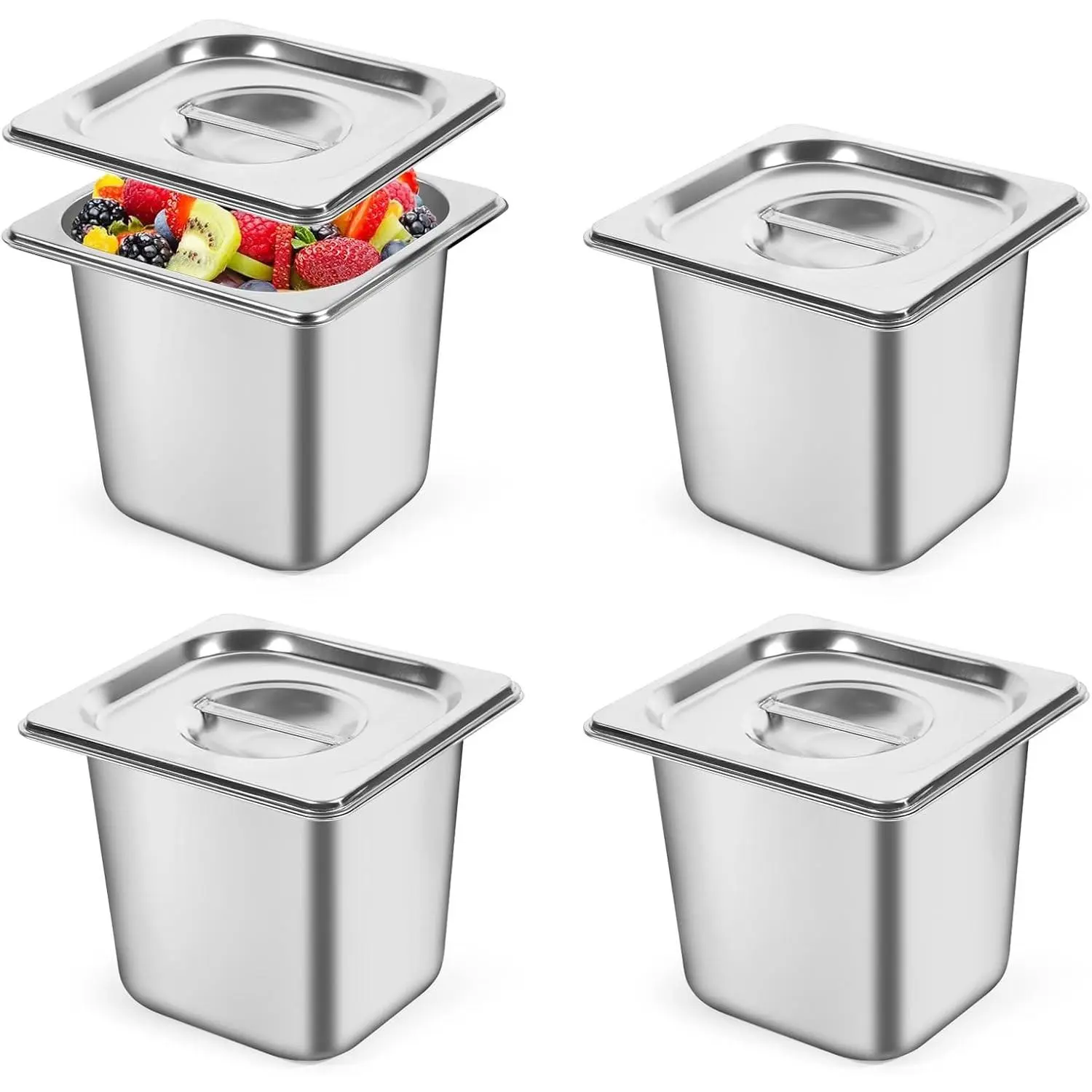 1/6 Size Stainless Steel Hotel Pan with Lid - 6" Deep Anti-Jam Kitchen Cooking Casserole Dish, Stackable Serving Container for Commercial Buffet Use